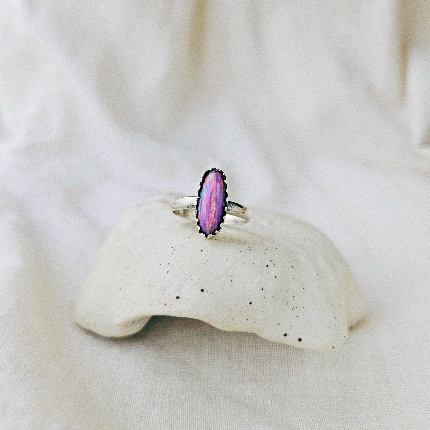 Purple Pink and Green Elongated Opal Triplet Silver Ring (7)
