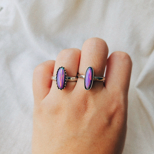 Purple Pink and Green Elongated Opal Triplet Silver Ring (7.5)