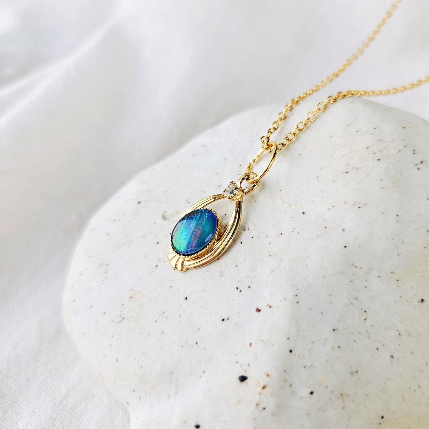 Blue with Green Flashes Opal Art Deco Necklace