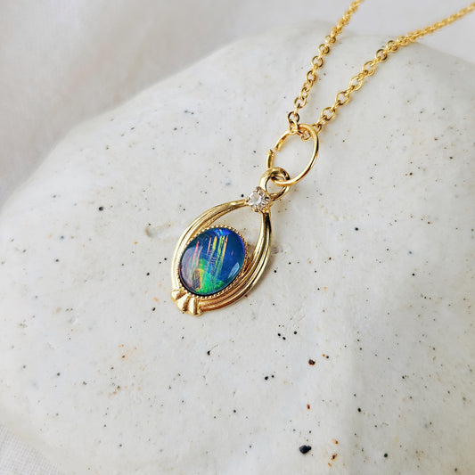 Blue with Green Flashes Opal Art Deco Necklace