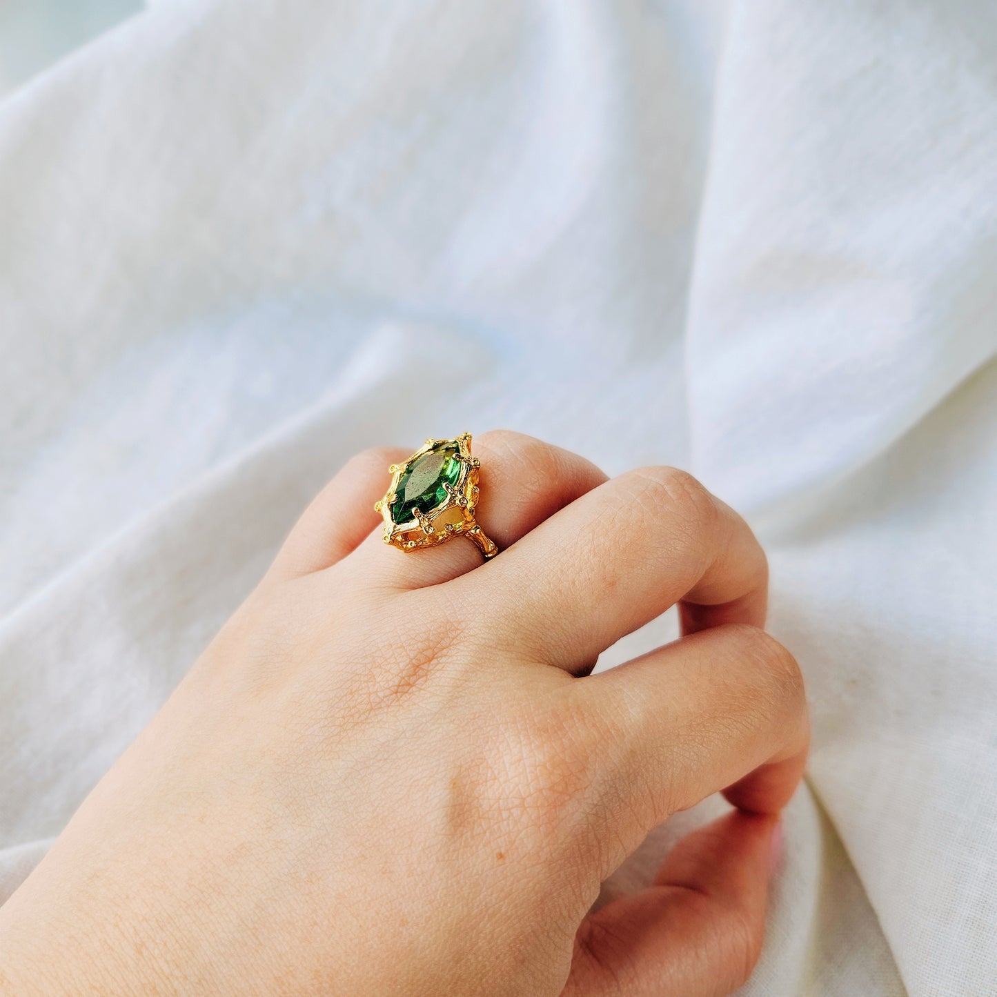 Emerald Glass 14k Heavy Gold Plated Cocktail Ring (6)