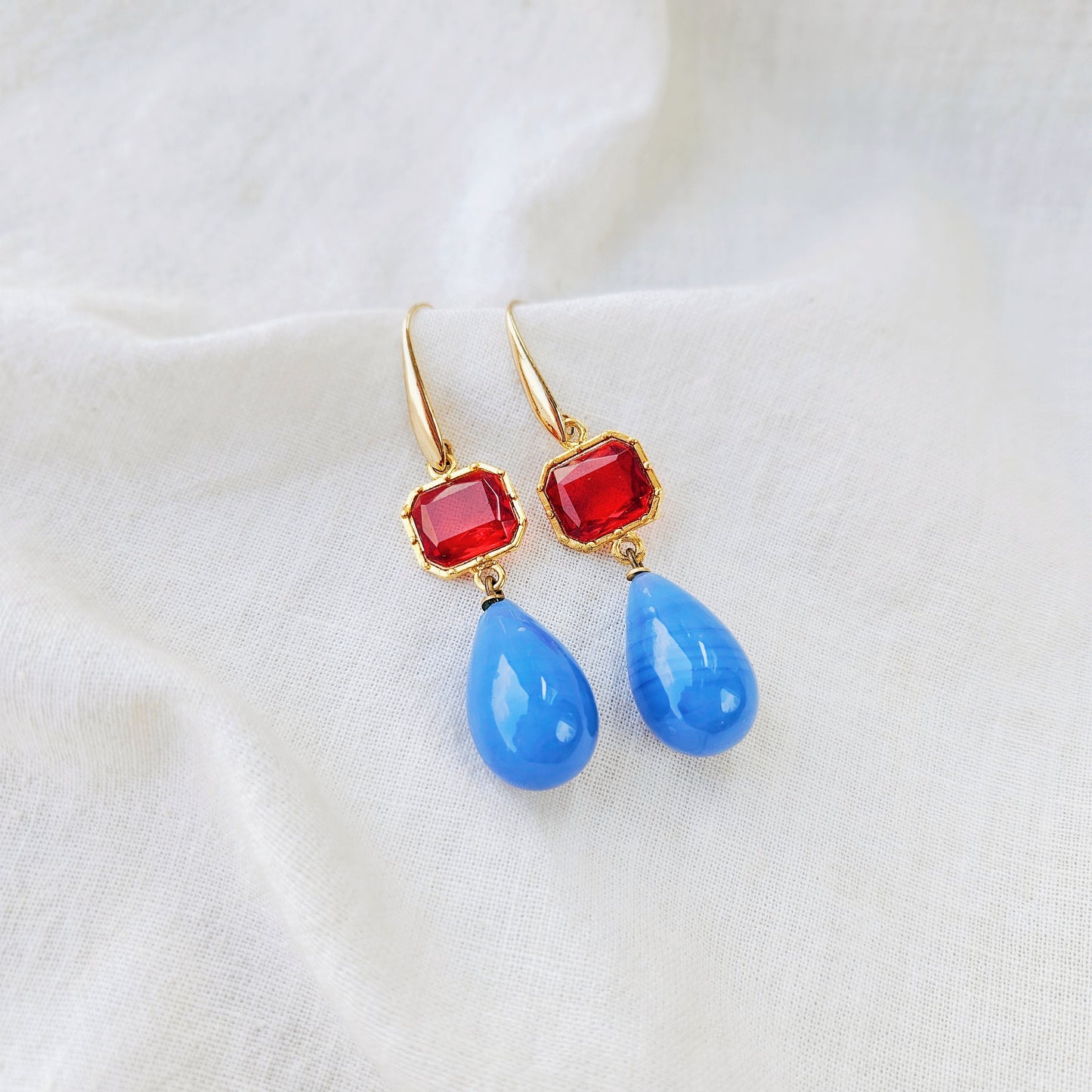Italian Red Glass and Blue Stone Earrings