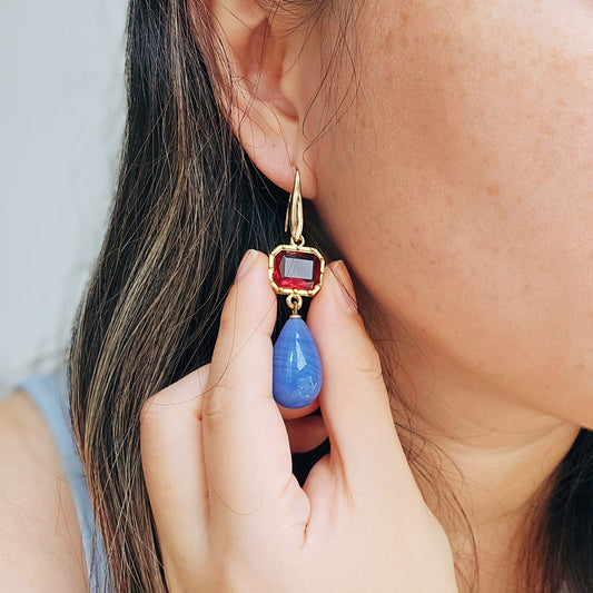 Italian Red Glass and Blue Stone Earrings