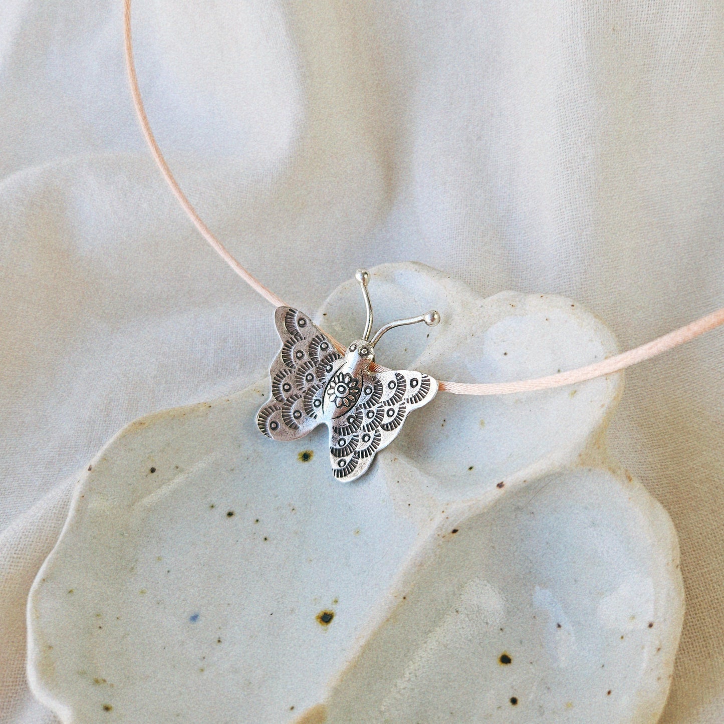 Floral-etched Wings Silver Mini Butterfly Choker